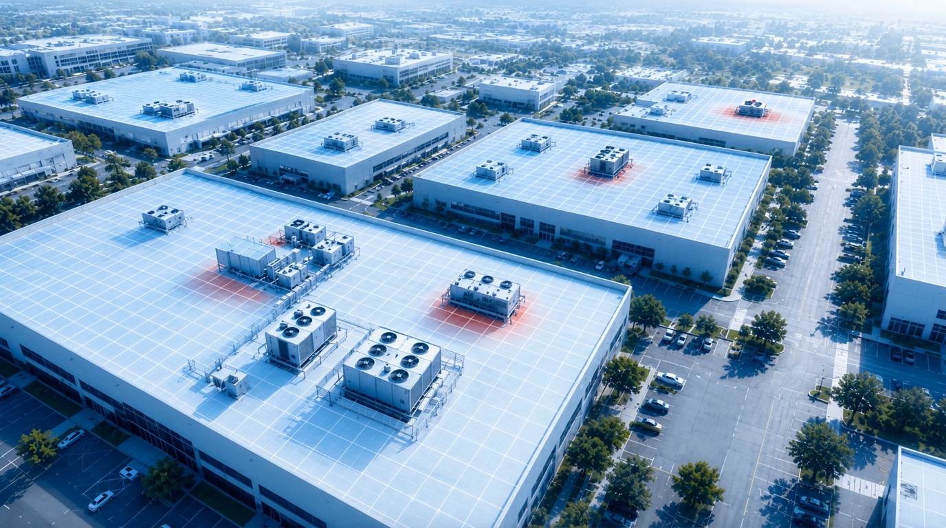 Aerial view of a commercial rooftop fleet, HVAC units flagged by RoofIQ risk scoring