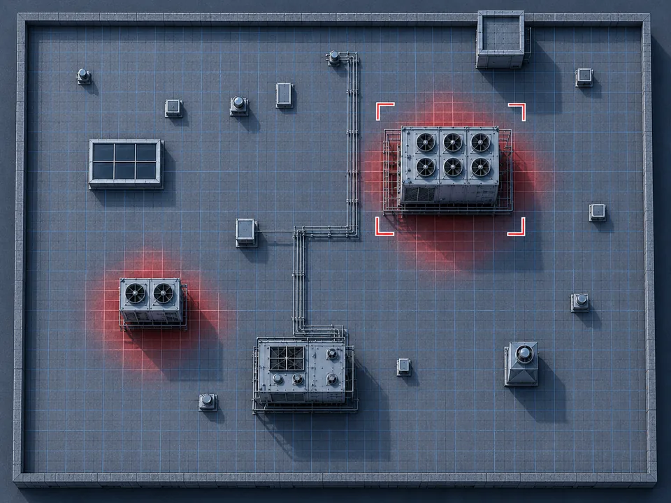 RoofIQ site capture — rooftop plan on the survey grid, at-risk units flagged, one asset locked under a reticle