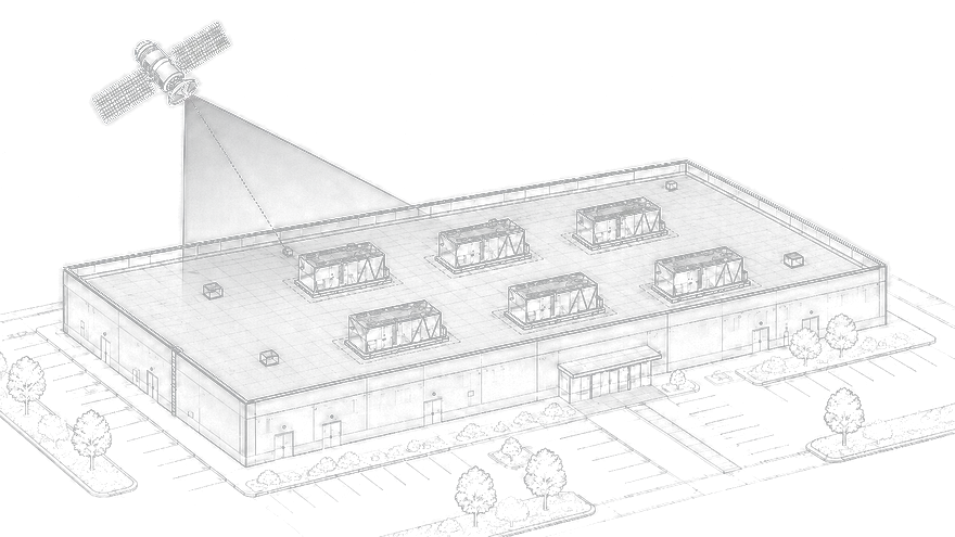 RoofIQ aerial capture — isometric wireframe of a commercial rooftop with six rooftop units identified
