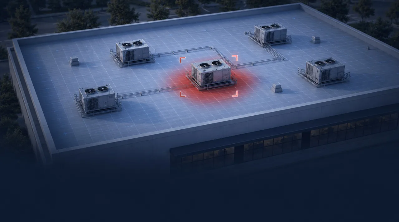 Scription field response — a service truck on site beneath a RoofIQ thermal overlay flagging an elevated unit