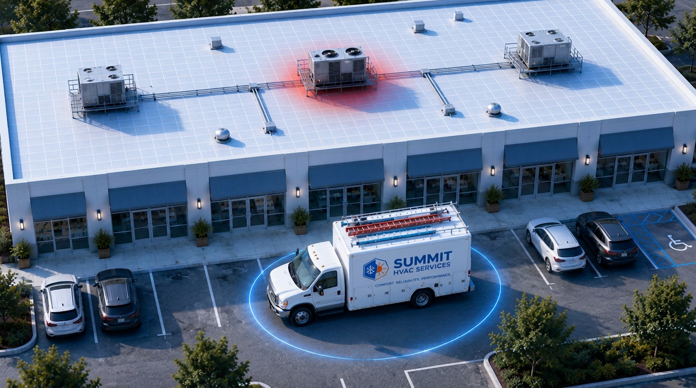 A covered commercial building's rooftop units with a service provider dispatched on site